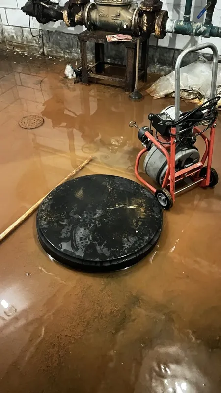 Flooded basement floor around a sewer access during an emergency backup